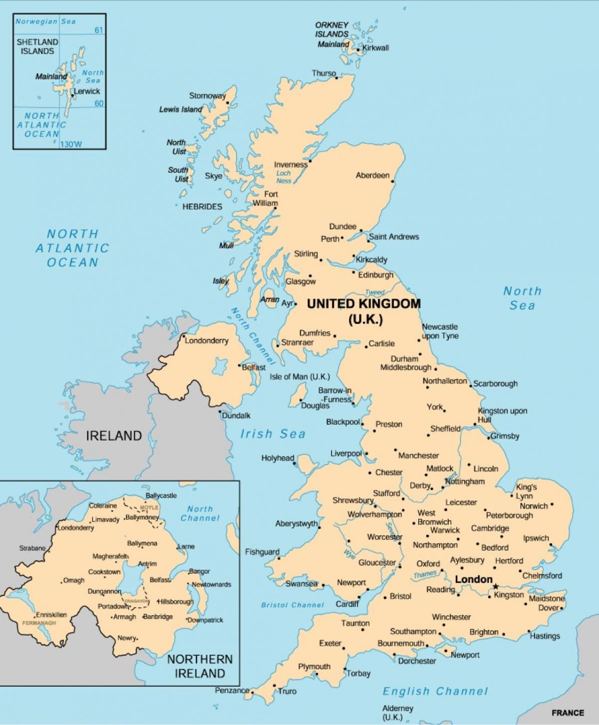 خريطة المملكة المتحدة (المملكة المتحدة) مع المدن الرئيسية